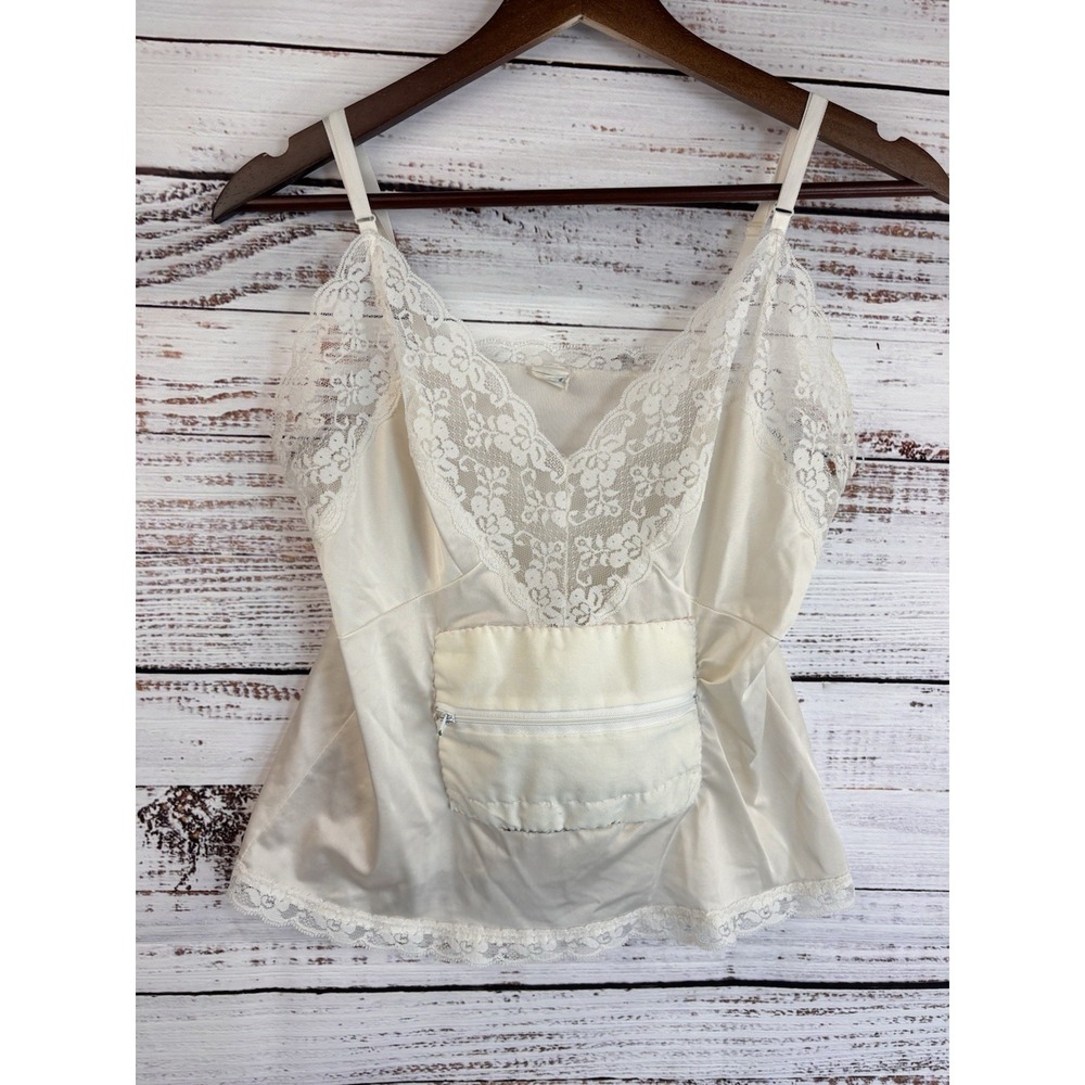 Vintage Camisole w/  Hidden Travel Passport Pouch Sliperfection Ivory Silky Lace